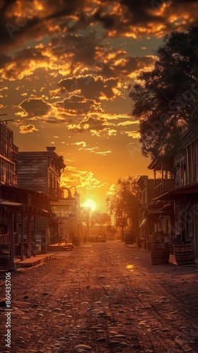 Sunset over an old western town street with rustic buildings, creating a nostalgic and serene atmosphere.
