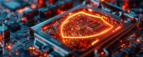 Close-up of a glowing shield icon over a circuit board symbolizing cybersecurity and data protection in technology.