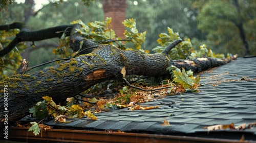 Fallen tree branch on a house roof after a storm, causing damage and creating a hazardous situation with debris scattered around.