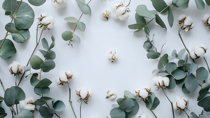 Flowers composition Frame made of fresh eucalyptus branches and cotton flowers Flat lay top view copy space : Generative AI