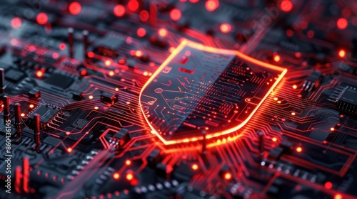 Glowing red shield on a circuit board representing cybersecurity and digital protection on futuristic technology. photo