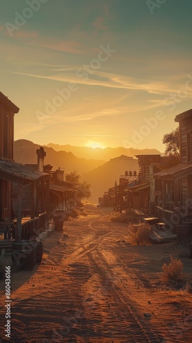 Beautiful sunset over an old western town with wooden buildings and a dusty road, evoking nostalgia and historic charm.