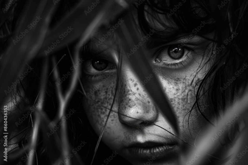 Fototapeta premium A woman with a pockmarked face is hiding behind a bush