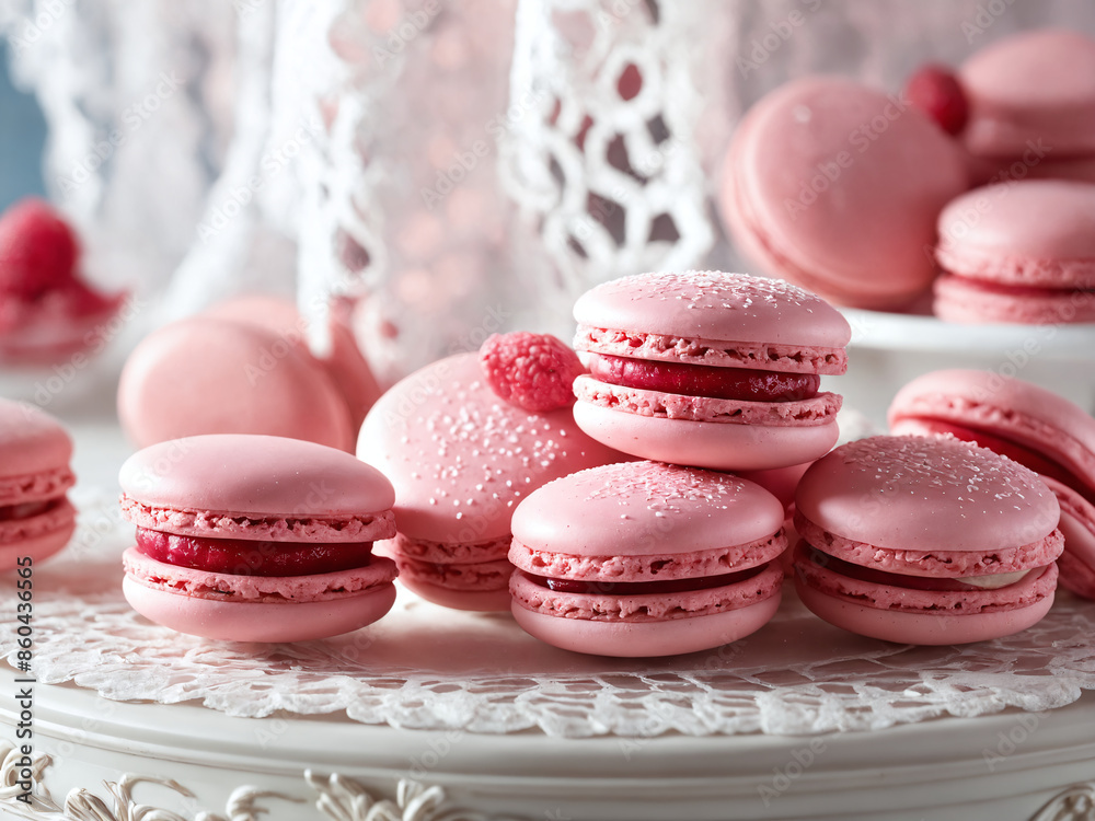 Pink and white macarons on a lace stand in a parisian bakery window Pink and white macarons on a lace stand in a parisian bakery window