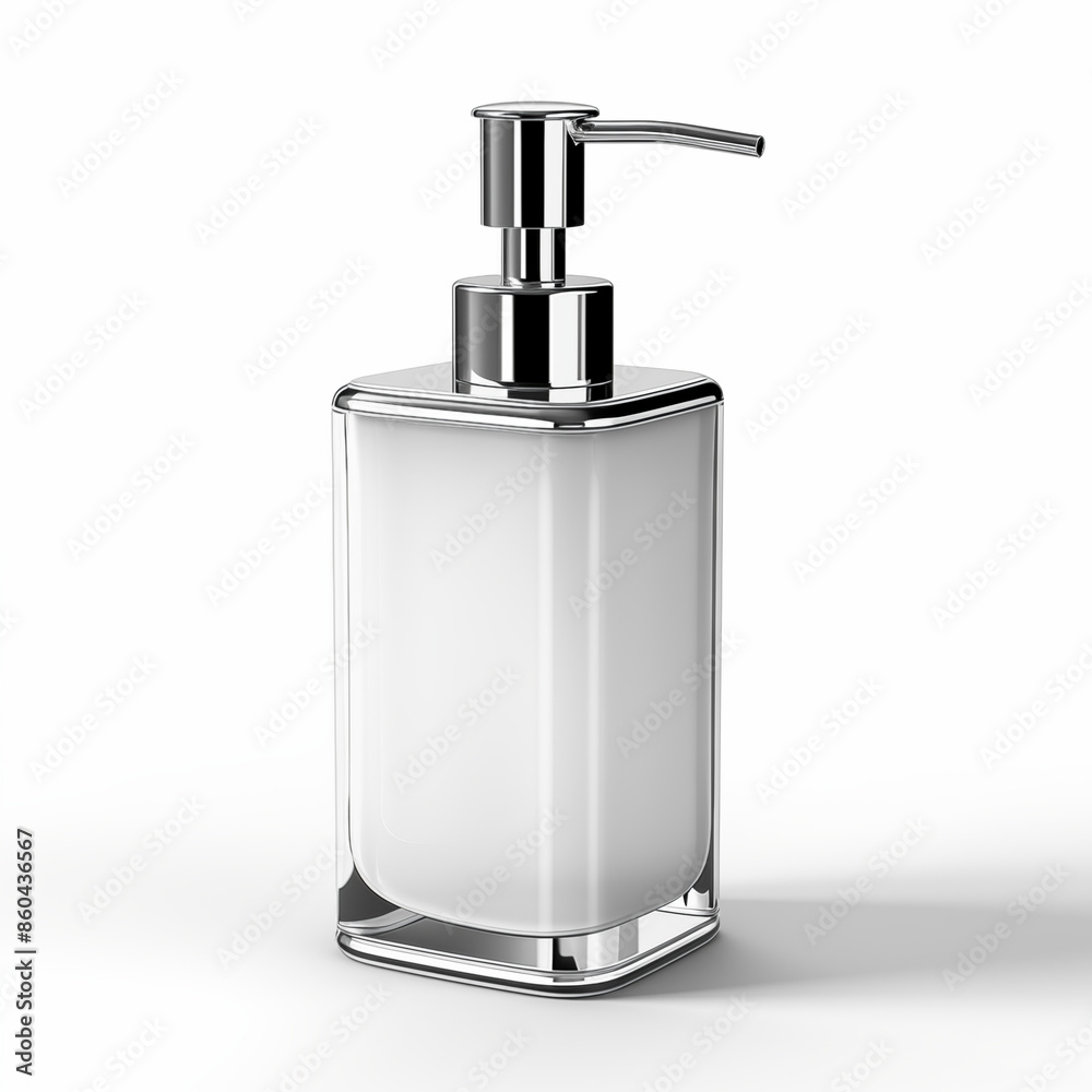 Obraz premium 3D rendering of a white and silver soap dispenser isolated on a white background