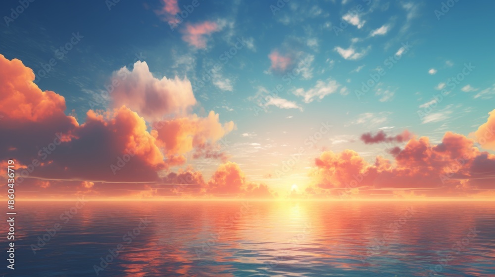 Fototapeta premium A tranquil ocean scene at sunrise with colorful clouds reflecting off the calm water, capturing the serenity and beauty of the morning light illuminating the horizon.