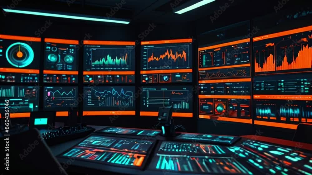 A futuristic control room with multiple screens displaying graphs, charts, and data. A futuristic control room with multiple screens displaying graphs, charts, and data.