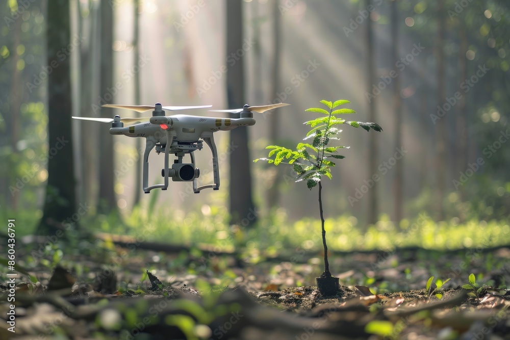 A drone is flying over a tree in a forest A drone is flying over a tree in a forest