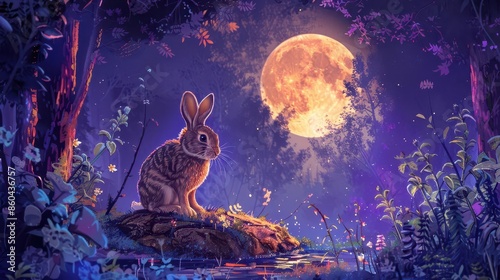 rabbit in the moonlit night whimsical forest scene childrens book illustration digital painting photo