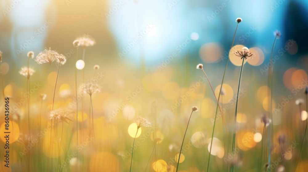 Obraz premium A detailed view of flowers in a colorful field, enhanced by the presence of glowing bokeh lights that add a magical and surreal touch to this captivating natural scene.