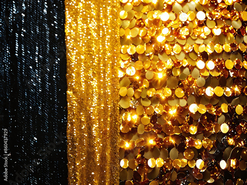 Black and gold sequined fabric close up photo