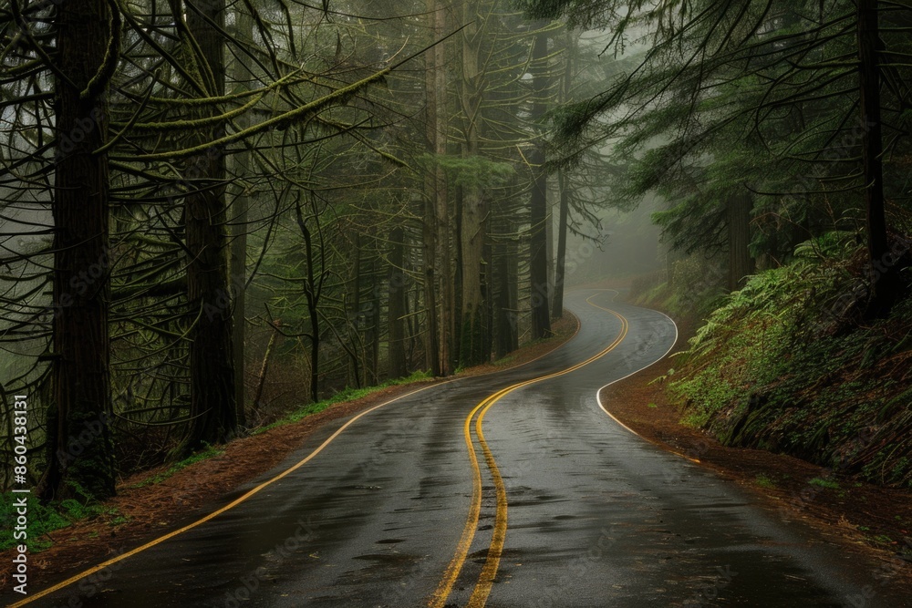 Fototapeta premium A road with trees on both sides and a yellow line