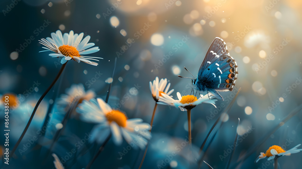Beautiful butterfly on a daisy flower in nature outdoors close up macro in spring or summer : Generative AI Beautiful butterfly on a daisy flower in nature outdoors close up macro in spring or summer : Generative AI