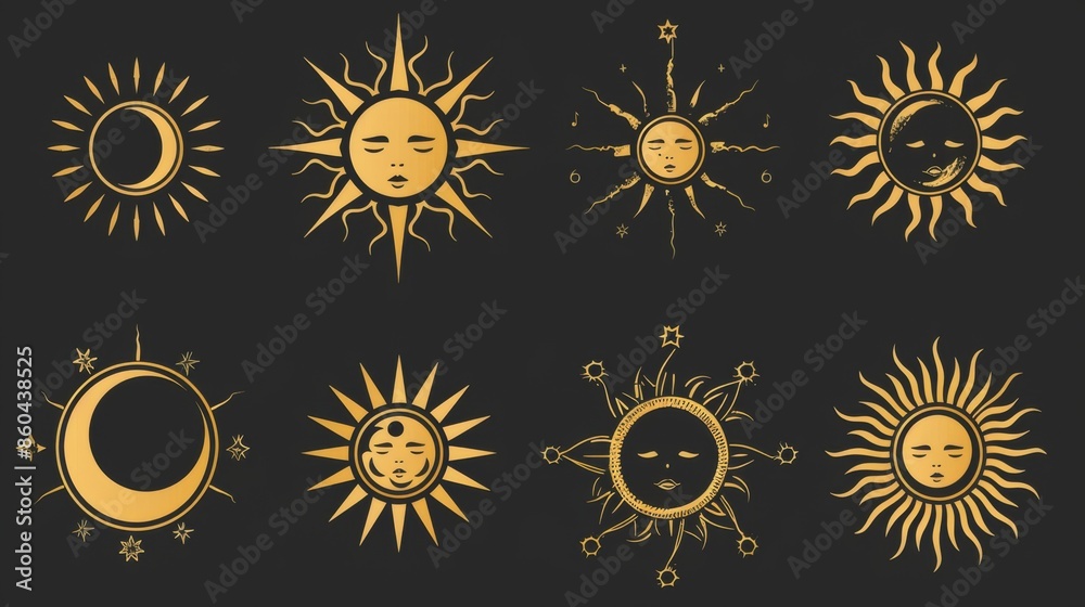 This image features eight stylized celestial suns with human faces, set against a dark background, along with cosmic motifs such as stars and moons, creating an ethereal vibe. This image features eight stylized celestial suns with human faces, set against a dark background, along with cosmic motifs such as stars and moons, creating an ethereal vibe.