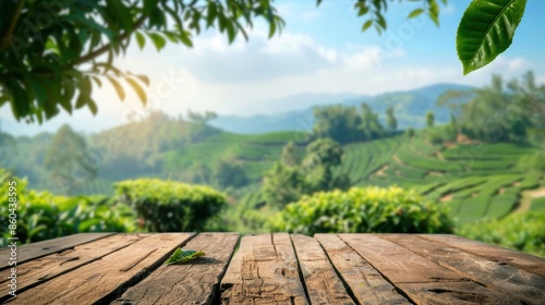 A wooden table with a leaf on it, surrounded by lush green hills © Tri