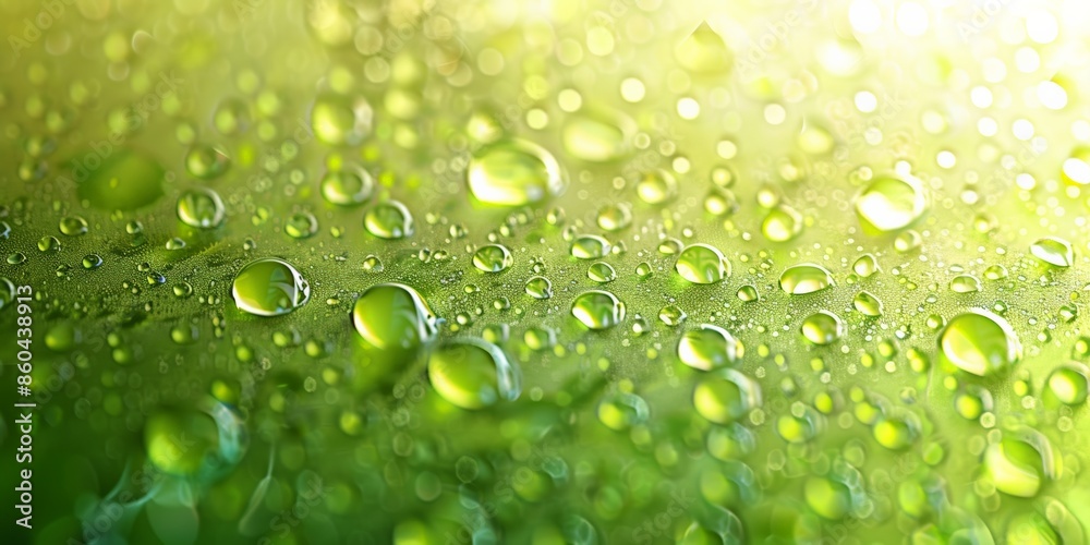 Green leaf with water droplets in close-up. Green leaf with water droplets in close-up.