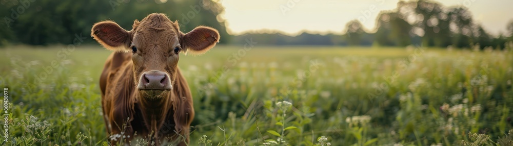 A young brown calf stands attentively in a lush green field, surrounded by wildflowers under a clear sky. Perfect for nature and farming themes. A young brown calf stands attentively in a lush green field, surrounded by wildflowers under a clear sky. Perfect for nature and farming themes.