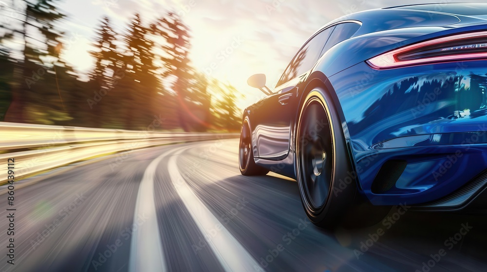 rear view of blue sports car speeding through highway turn motion blur rear view of blue sports car speeding through highway turn motion blur