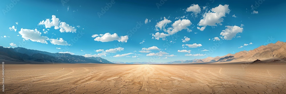 Panoramic View of a Vast Desert with Mountains and Blue Sky Panoramic View of a Vast Desert with Mountains and Blue Sky