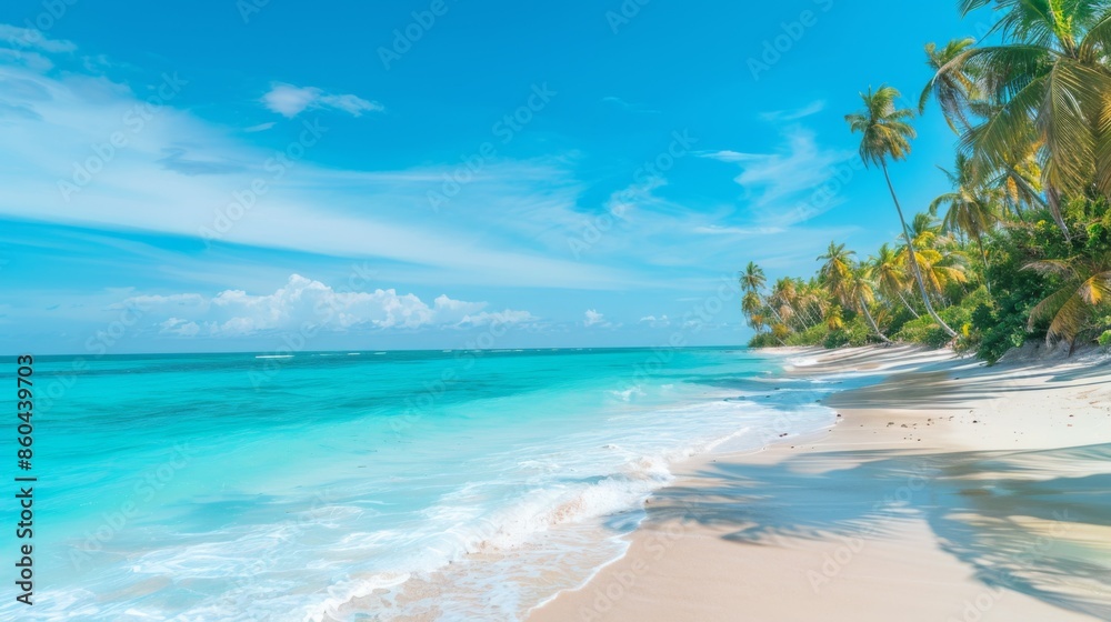 Fototapeta premium A pristine tropical beach set against a backdrop of turquoise ocean waves gently washing ashore. Palm trees sway under the clear, sunny sky, inviting relaxation and peace.