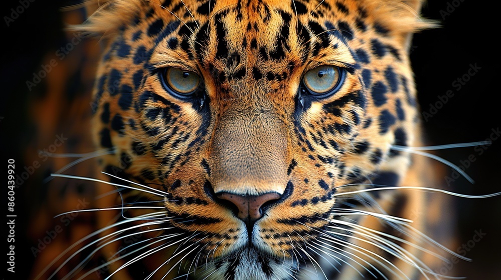 Naklejka premium A stunning close-up of a leopard's face, with its piercing green eyes, and black fur.