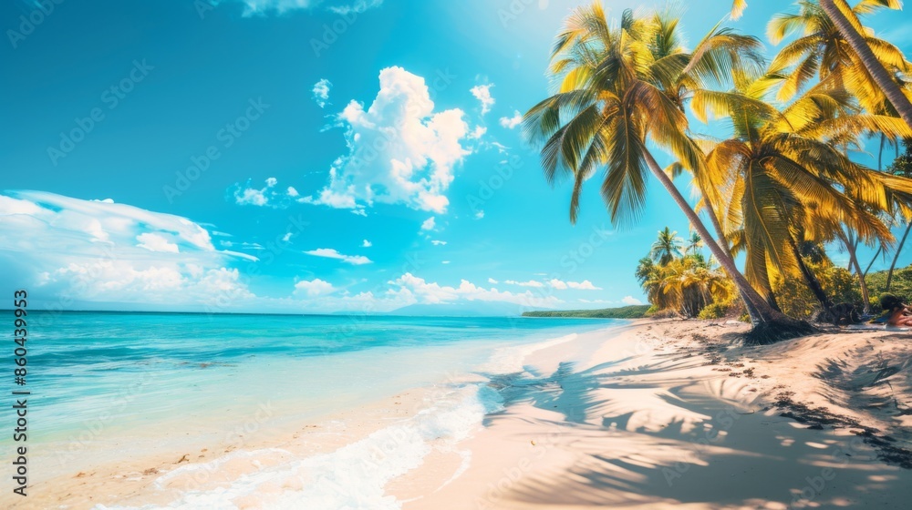 Fototapeta premium An idyllic tropical beach scene showcasing lush palm trees, soft sandy shore, and the inviting clear waters of the ocean, all under the embrace of a bright blue sky and sunshine.