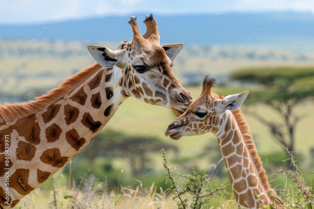 Fototapeta premium Giraffe Family Sharing Affection in Savanna