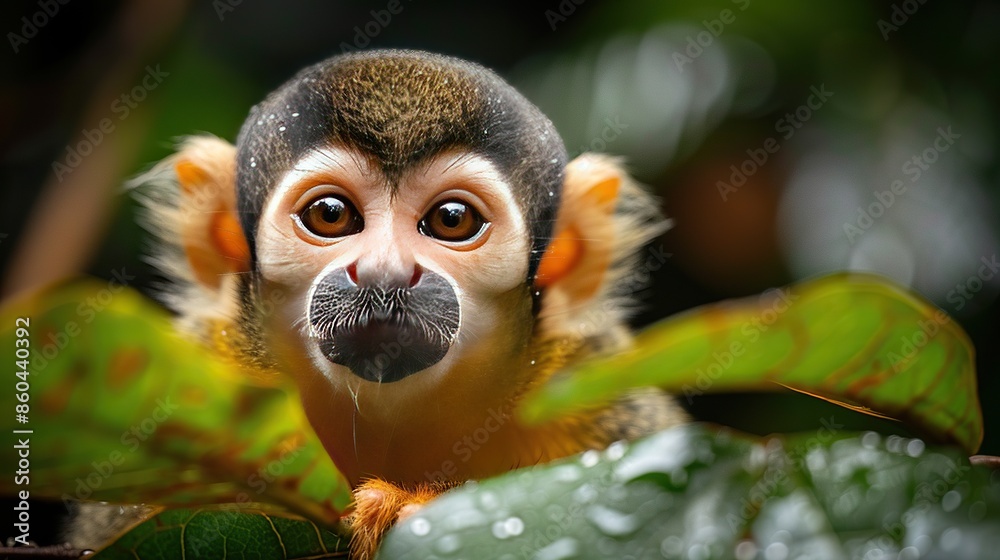 Fototapeta premium A squirrel monkey with big brown eyes stares curiously at the camera from a lush green rainforest canopy.