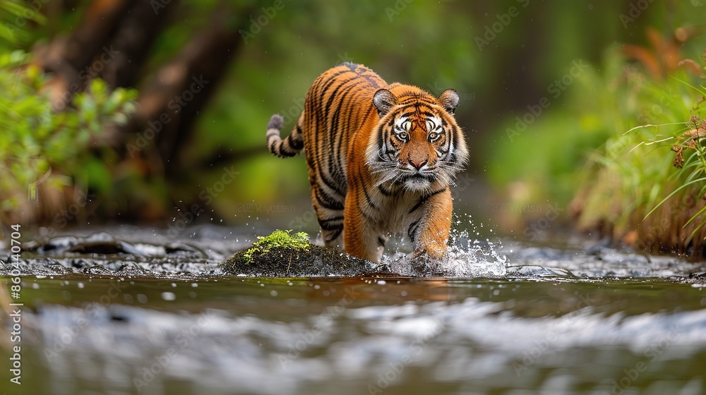 Obraz premium A tiger stalks through the water, its powerful muscles rippling beneath its sleek coat.
