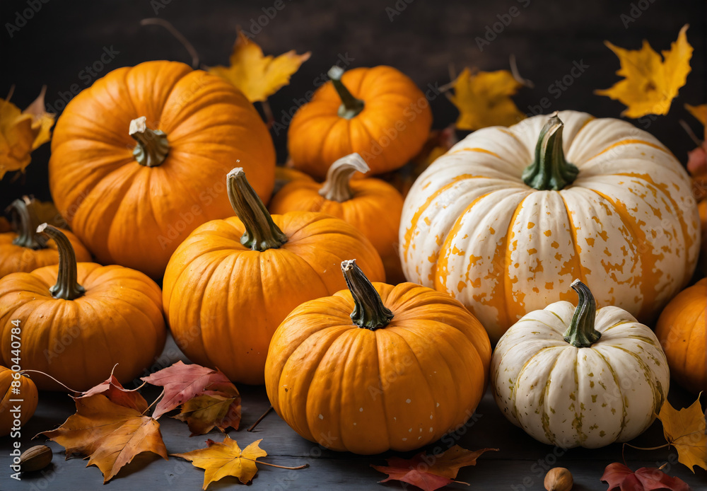 Colorful pumpkins surrounded by autumn leaves Colorful pumpkins surrounded by autumn leaves