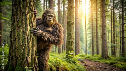 Bigfoot knocking on a tree in the forest , bigfoot, cryptid, mythical, wilderness, nature, knock, tree, forest, spooky photo