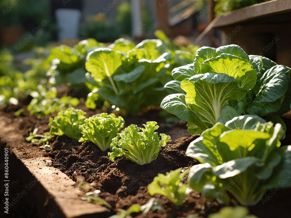 Lush green lettuce growing in a raised garden bed Lush green lettuce growing in a raised garden bed
