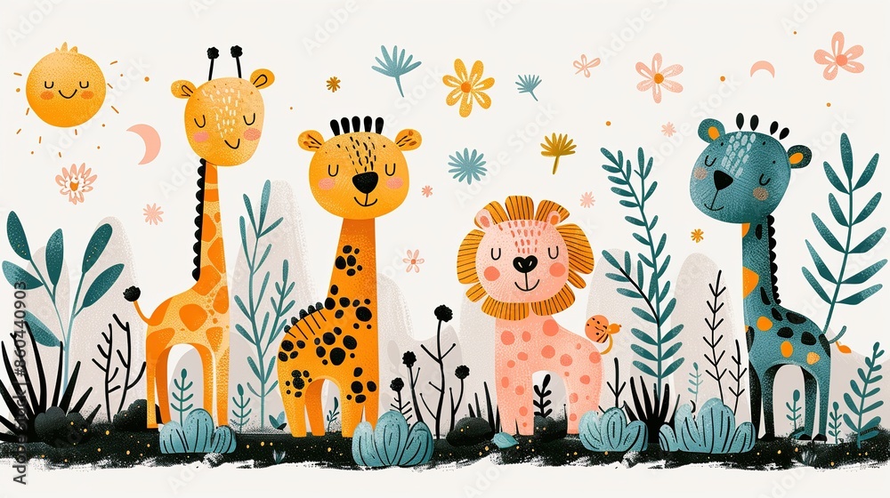 Naklejka premium Cute cartoon animals including a lion, giraffes, and flowers. Perfect for children's book illustrations, nursery wall art, and more.