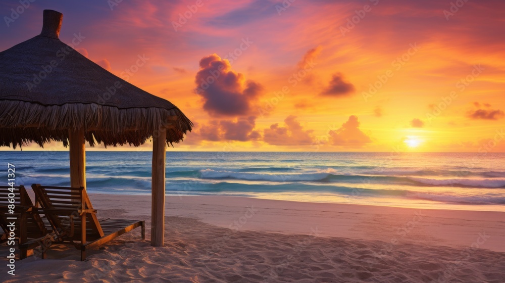 An idyllic beach scene at sunset featuring a thatched hut with lounge chairs, offering a serene and inviting atmosphere as the sky is painted with warm hues. An idyllic beach scene at sunset featuring a thatched hut with lounge chairs, offering a serene and inviting atmosphere as the sky is painted with warm hues.