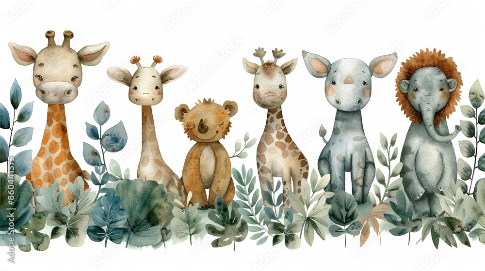 Fototapeta premium Watercolor cute baby animals and plants seamless border. Hand drawn illustration with giraffe, elephant, lion, rhino and leaves. For fabric, wallpaper, nursery decor.