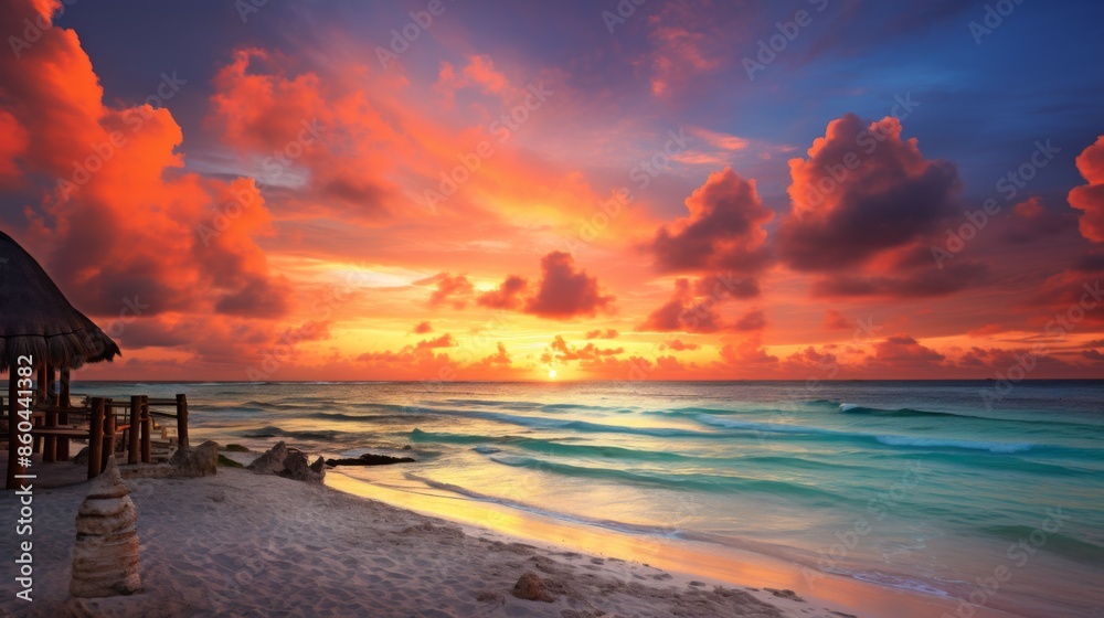 A breathtaking view of a vibrant sunset over the ocean, with colorful clouds and the sun casting warm hues on the waves, creating a mesmerizing seascape. A breathtaking view of a vibrant sunset over the ocean, with colorful clouds and the sun casting warm hues on the waves, creating a mesmerizing seascape.