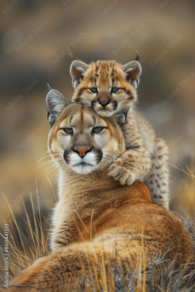 Obraz premium A puma and her little baby