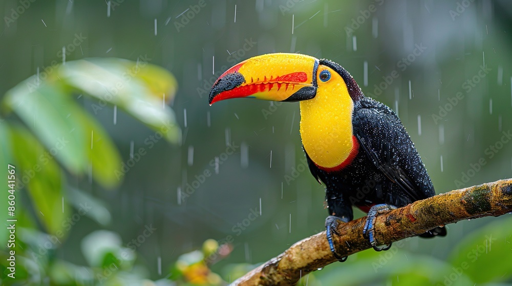 Obraz premium A brightly colored toucan perches on a branch in the rainforest. The rain is falling around it, but the toucan seems unbothered.