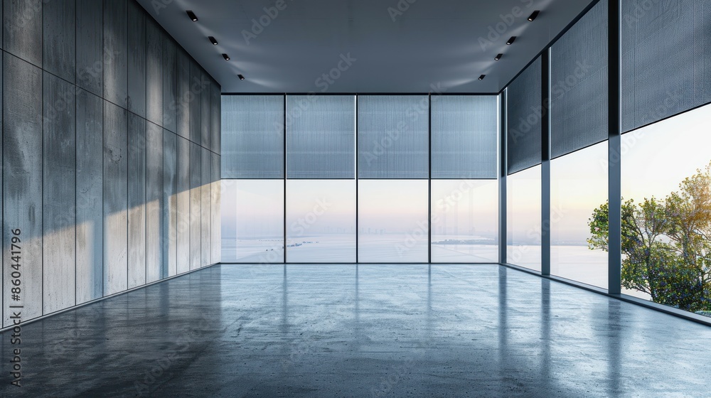 A large, empty room with a view of the ocean