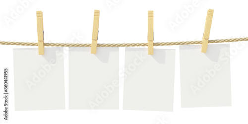 Quadro su tela Empty note papers on clothesline isolated on white, transparent, 3d render