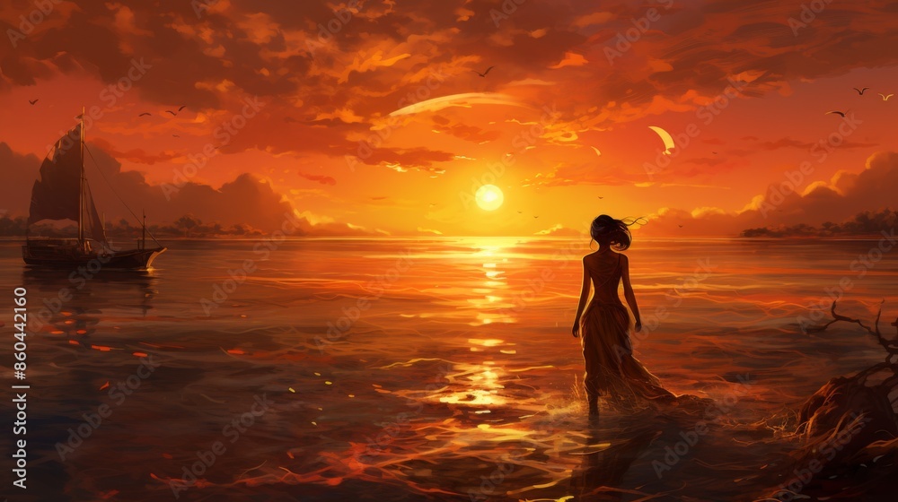 A lone woman stands in calm ocean waters under a magnificent sunset, with warm oranges and reds illuminating the sky and a distant sailboat enhancing the scene. A lone woman stands in calm ocean waters under a magnificent sunset, with warm oranges and reds illuminating the sky and a distant sailboat enhancing the scene.