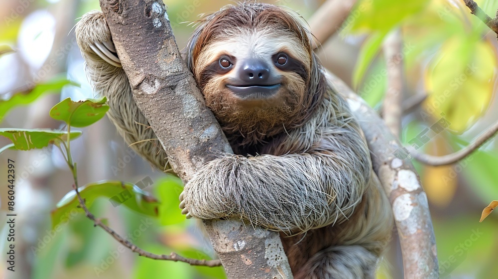A cute three-toed sloth is hanging from a tree branch in the jungle.