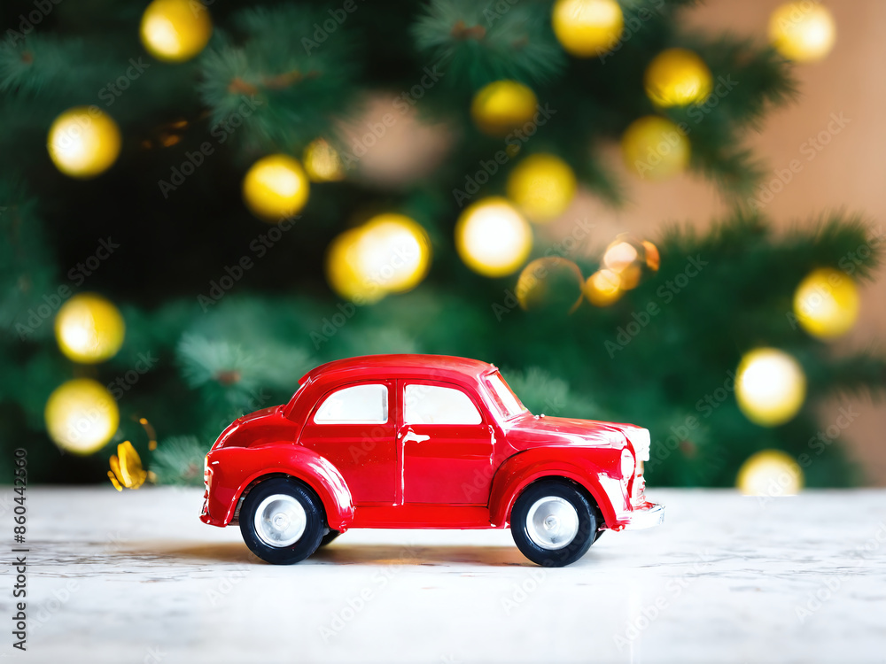 Red toy car ornament on christmas tree branch with lights Red toy car ornament on christmas tree branch with lights