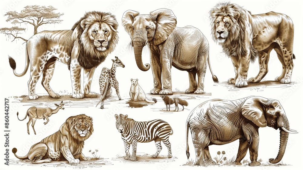 Naklejka premium Set of hand drawn vintage illustrations of african animals. Vector sketch collection.