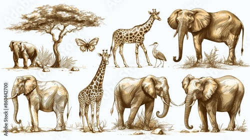 Set of hand drawn african animals. Vector illustration of safari wildlife photo