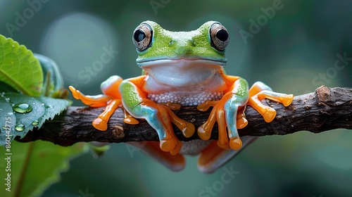 Amazing colorful frog with big eyes sitting on a branch in the jungle