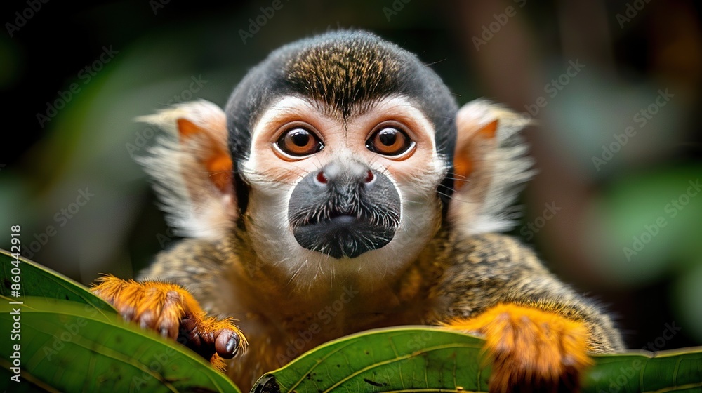 Obraz premium A curious squirrel monkey peers out from behind a leafy branch in the rainforest