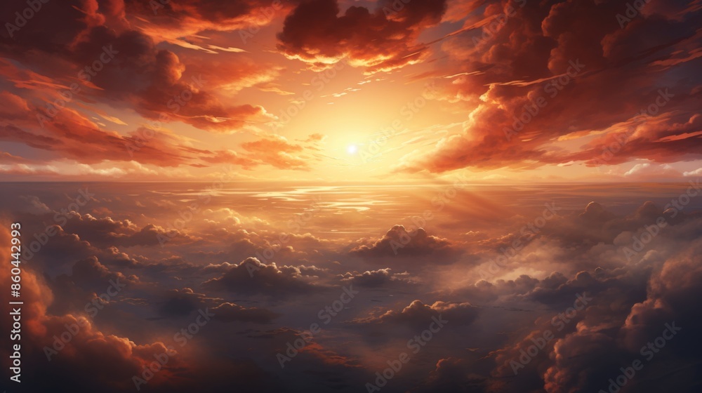 Fototapeta premium A heavenly view capturing the golden hues of sunset above the clouds with dramatic skies and shafts of light piercing through, evoking a sense of awe and wonder at nature's beauty.