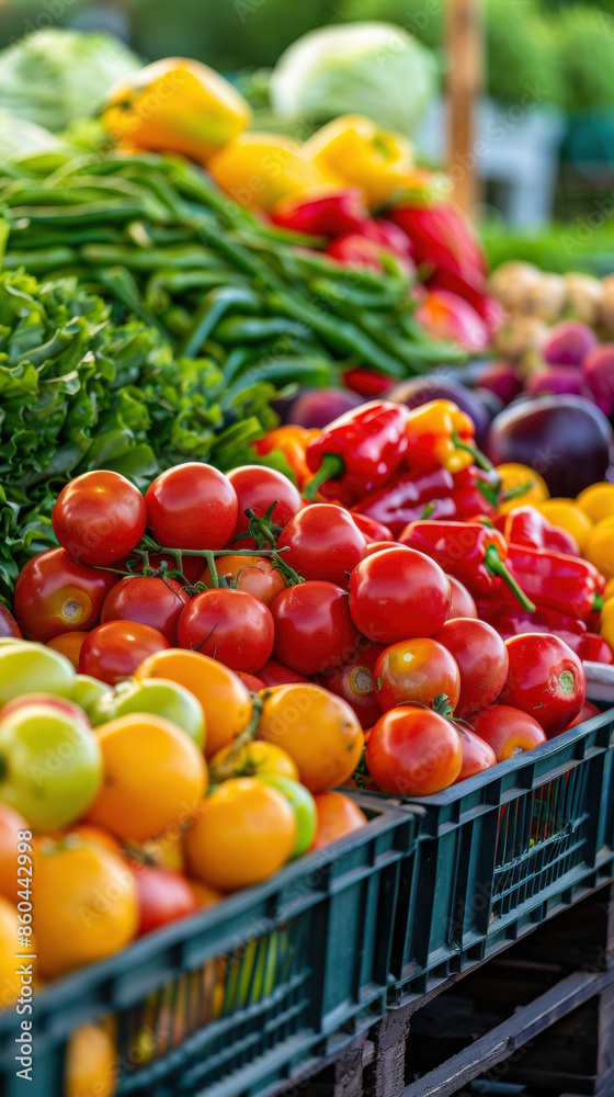 A variety of fresh fruits and vegetables are displayed in a market A variety of fresh fruits and vegetables are displayed in a market