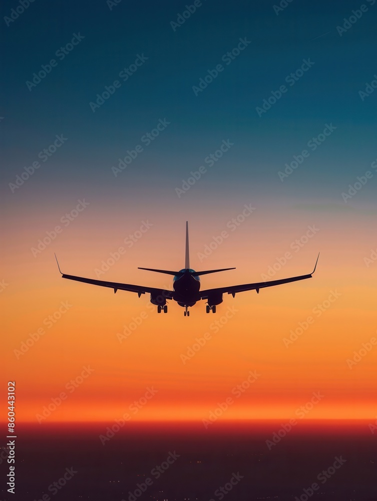 A sleek silhouette of an airplane flying through the sky during a vibrant sunset. Generative AI A sleek silhouette of an airplane flying through the sky during a vibrant sunset. Generative AI